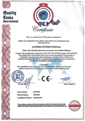 CE marking certificate SPI/PP/PK/787 issued to SAMPRO INTERNATIONAL