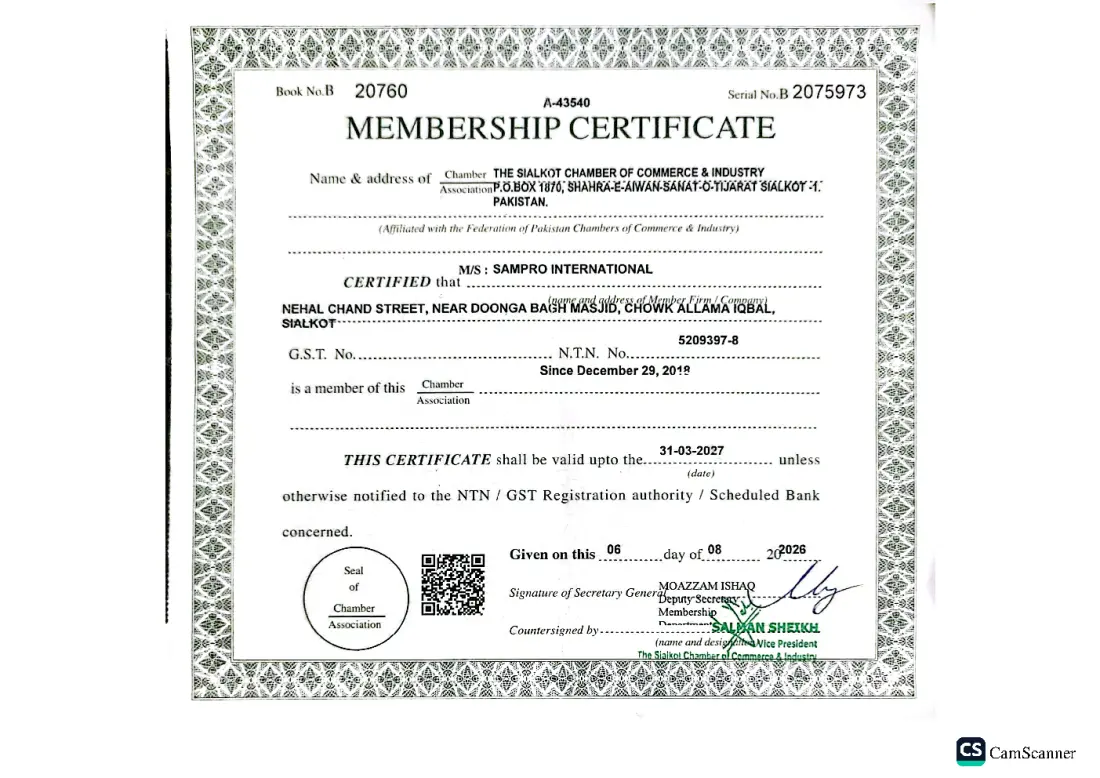 Sialkot Chamber of Commerce and Industry membership certificate A-43540 issued to SAMPRO INTERNATIONAL
